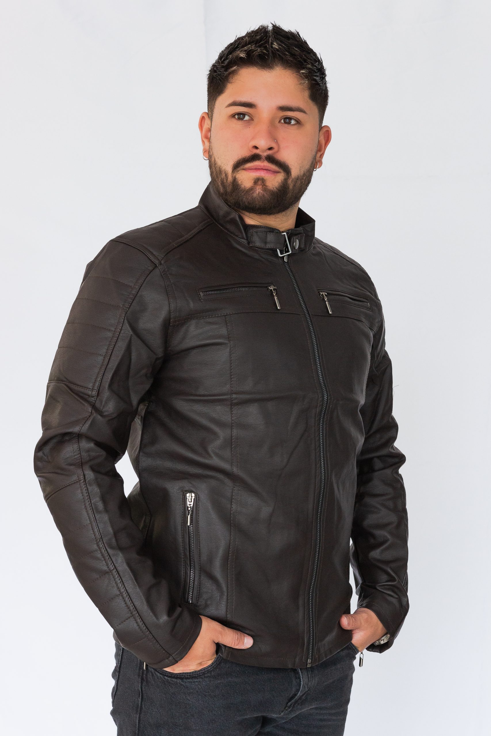 chaqueta en cuero/textil cafe