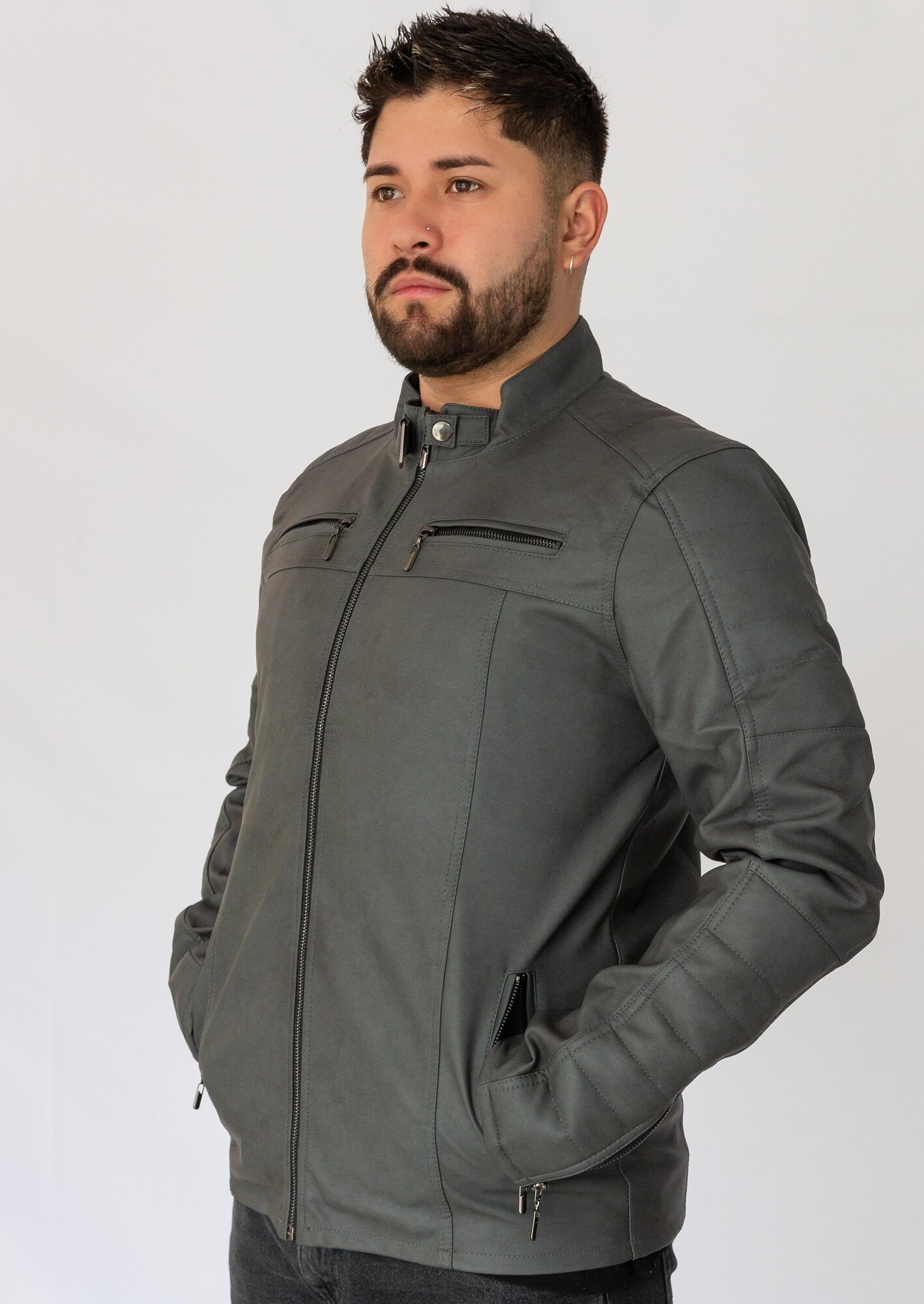 chaqueta en cuero/textil gris - Imagen 2