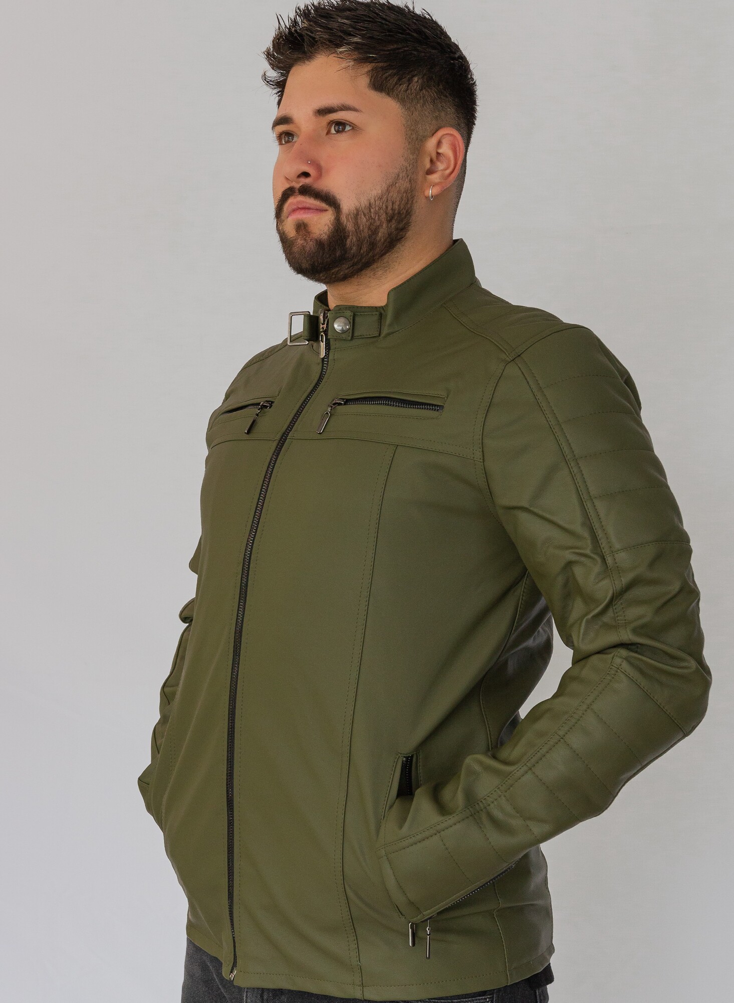 chaqueta en cuero/textil verde - Imagen 2